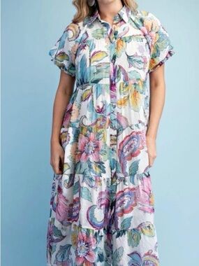 Floral Tiered Button-Front Maxi Dress in Pastel Multicolor